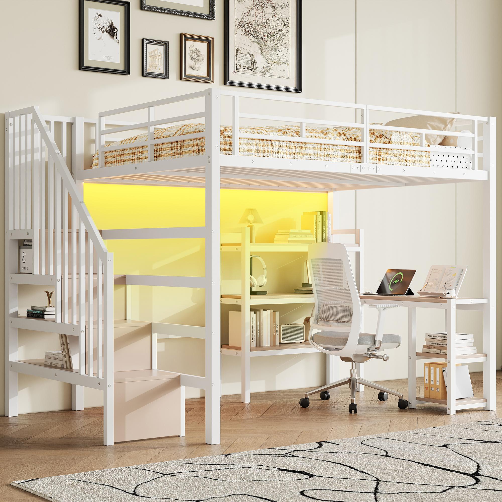 Merax Etagenbett 140x200cm, Hochbett Mit Schreibtisch, Metall Jugendbett Mit Treppe, Regal, USB Ladestation, LED Beleuchtung, Kinderbett, Weiß