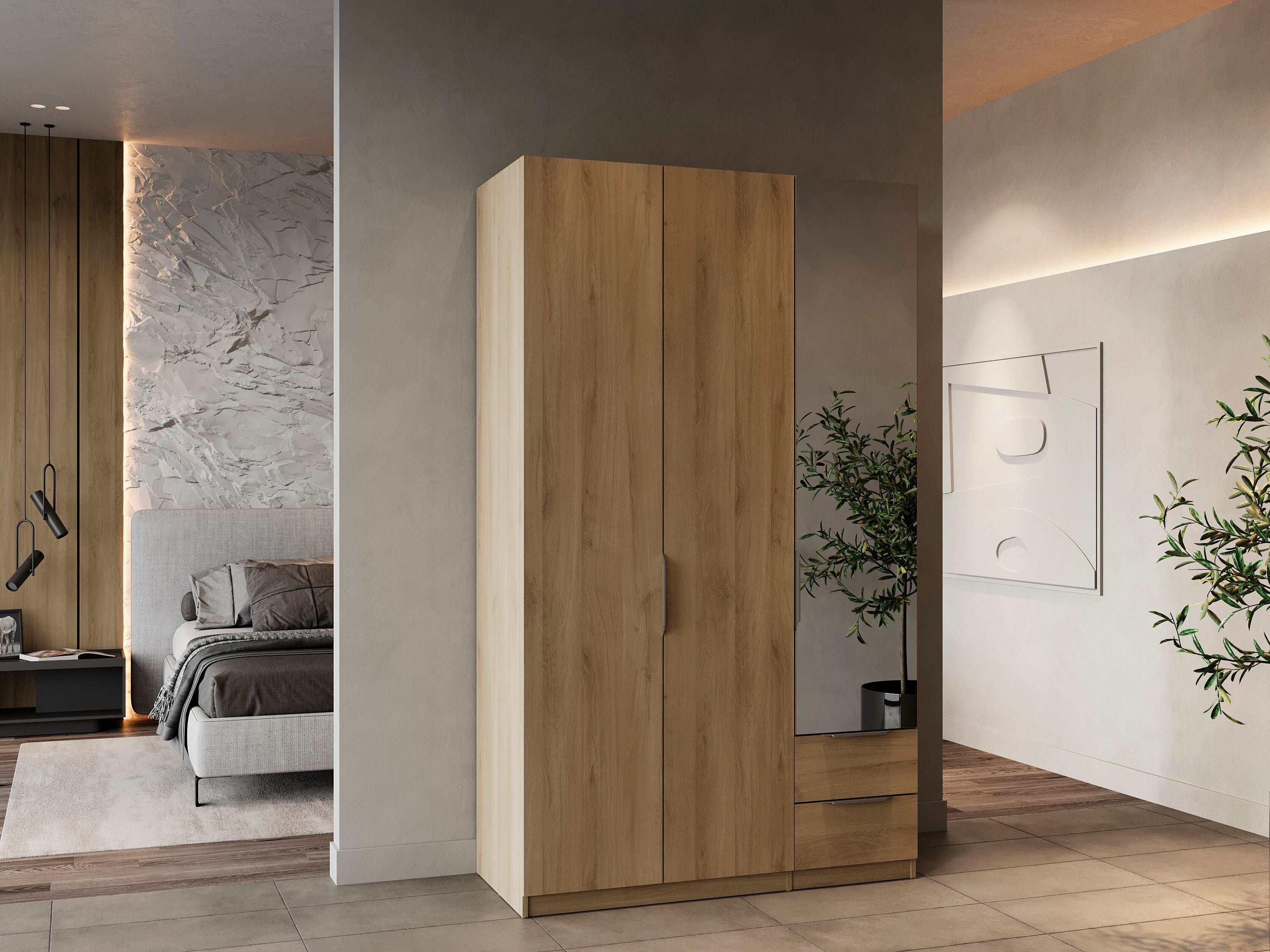 Kleiderschrank DEMEYERE GROUP "Ghost", braun (kronberg eich), B:119,4cm H:203cm T:51,1cm, Holzwerkstoff, Schränke, Kleiderschrank kronberg eich Kronberg Eich, B/H/T: 119,4cm x 203cm x 51,1cm, Schubladen: 2 Stk. Türen: 3 Stk.