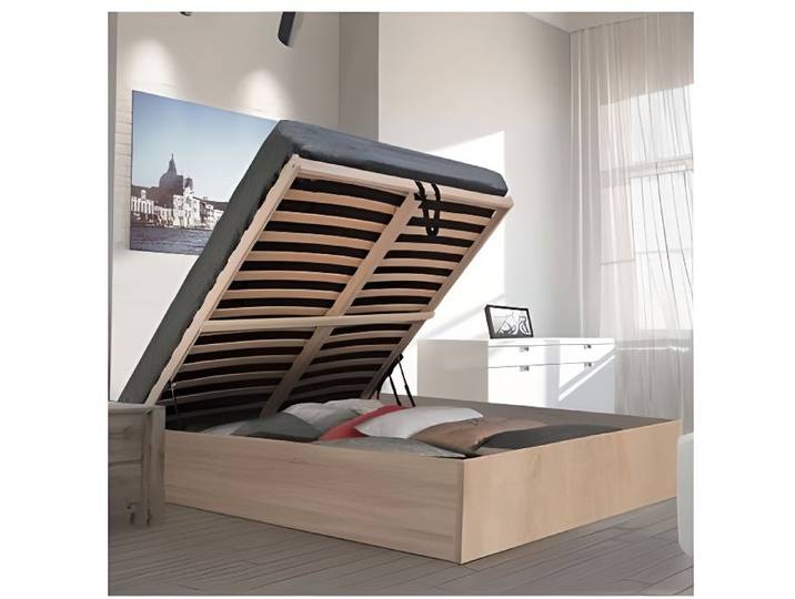 Lit Coffre BILBAO 140x190 cm avec Sommier / Décor Chêne Blanchi / Panneau de Particules / Grand Coffre de Rangement