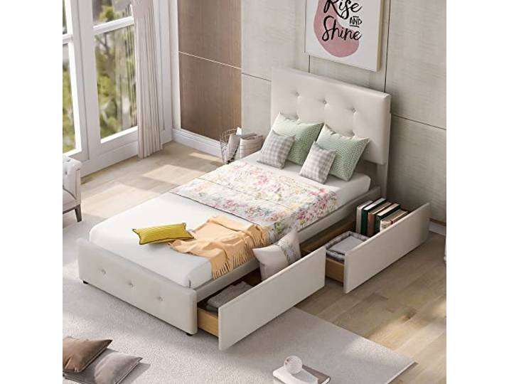 Ball & Cast Bett 90x200 cm, Polsterbett aus Samt mit 2 Schubladen, Beige Betten mit verstellbares gepolstertes Kopfteil. Stabiles Jugendbett. Ohne Matratze. Einfache Montage. Für Schlafzimmer