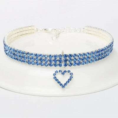 Uplift Essentials Triple Row Rhinestone Glamour Pet Collar With Heart Charm blue l