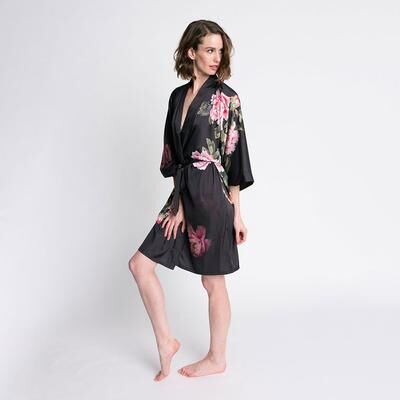 KIM + ONO Peony & Bird Short Kimono Robe - Charmeuse   KIM+ONO - black / one size