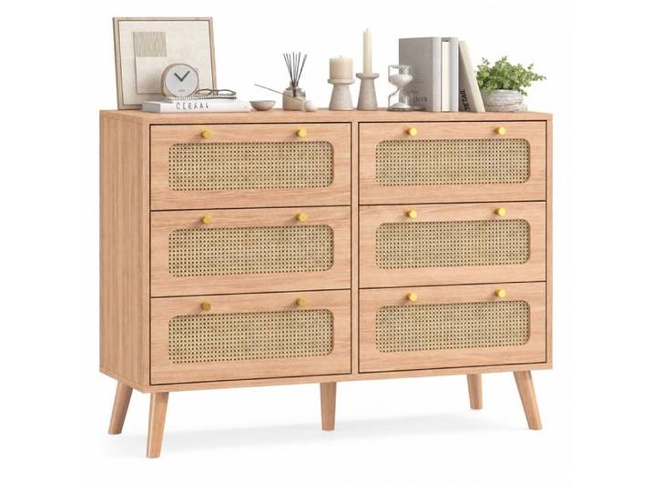 Commode 6 Tiroirs - 100x34x73cm - RWUDV - Meuble de Rangement - Commode en rotin - Buffet - Assemblage Facile - Bois naturel