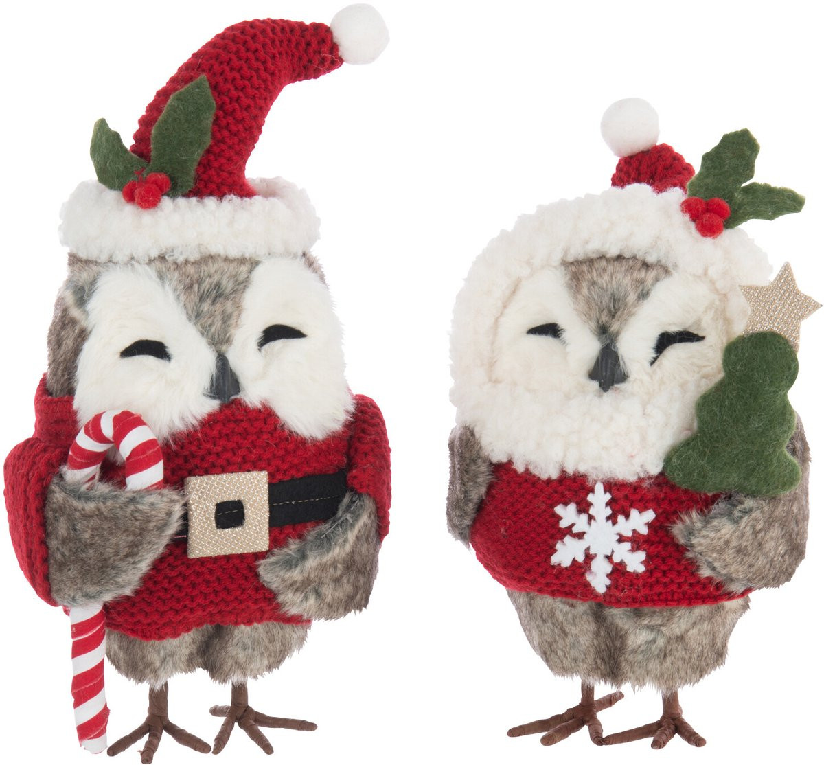 J-Line Uil decoratie figuren - Bruin/Kerstrood - 2 stuks