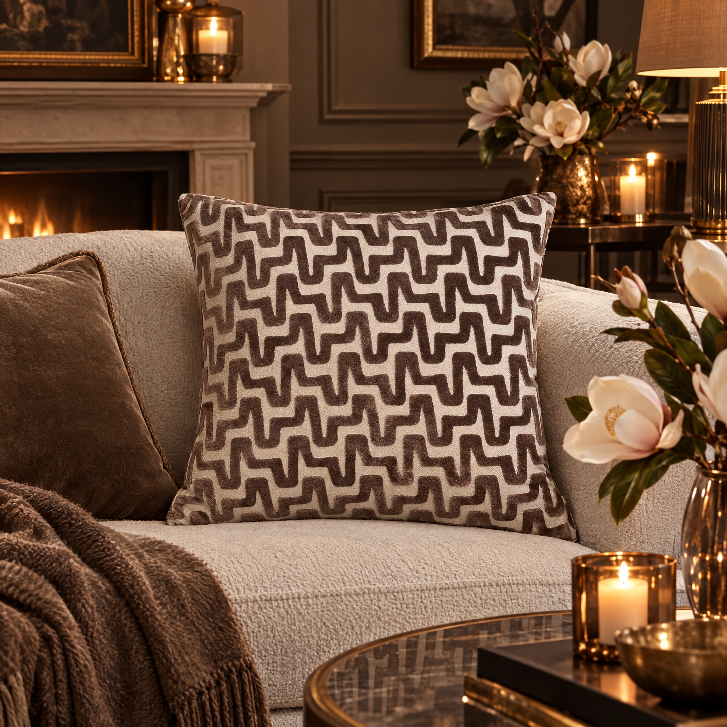 Monroe Brown & Cream Wavy Patterned Feather Filled Cushion - 56x56cm