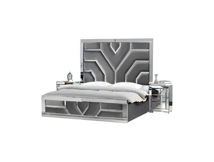 JVmoebel Schlafzimmer-Set Graues Schlafzimmer-Set mit modernem Design und hochwertigen Textilien, (Set 3tlg Schlafzimmer (Bett + 2x Nachttische), Made in Europa