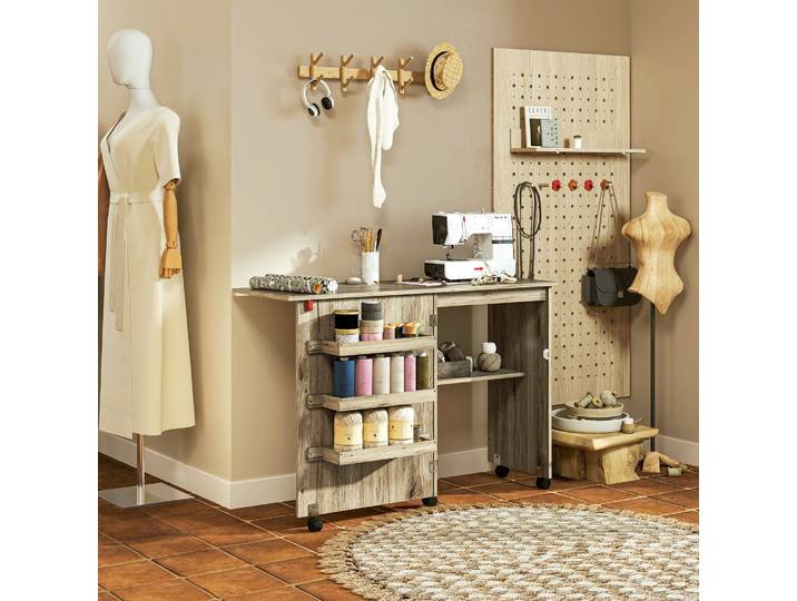 HOMCOM Table de Couture Pliante avec Rangement Effet Bois Grisé