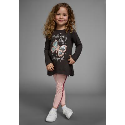 Langarmshirt & Leggings KIDSWORLD "2tlg. Set Shirt + Leggings mit Glitzerdetails", Mädchen, Gr. 104/110, rosa (rosa, anthrazit), Jersey, Obermaterial: 100% Baumwolle. Unterteil: 95% Baumwolle, 5% Elasthan, bedruckt, mehrfarbig, KOB Set-Artikel,...