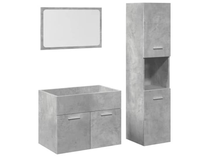 Badezimmermöbel-Set, 3-teilig, grau, Beton, Schrank, Wandspiegel Holzwerkstoff, glatte Oberfläche, Aufbewahrungsschrank, Schminkspiegel, Wandbefestigung, nicht verformte Reflexion