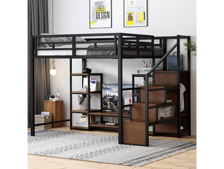 YAIXBNG Hochbett 140x200 mit TV-Ständer, Steckdose und Sicherheitsleiter, Stabile Metall-Holz-Kombination, modernes, platzsparendes Hochbett, Kinder-Etagenbettmit praktischem Stauraum, schwarz