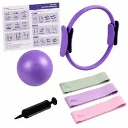 Relaxdays 6-teiliges Pilates Set Ring Ball Bänder Grün,Lila,Rosa