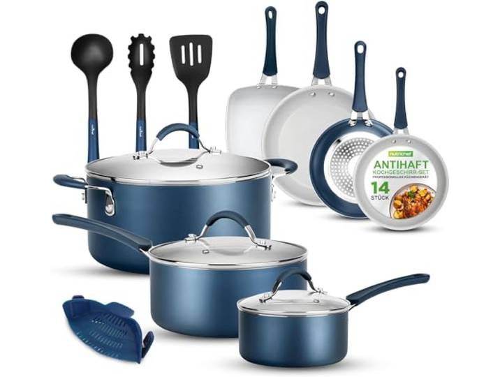 NutriChef Pfannenset & Topfset Induktion 14-teilig, PFOA/PFOS-frei, Antihaftbeschichtet, Kochtopf Set, Töpfe & Pfannensets, Aluminium mit Edelstahl -Kanten – Kochgeschirr Set für alle Herdarten