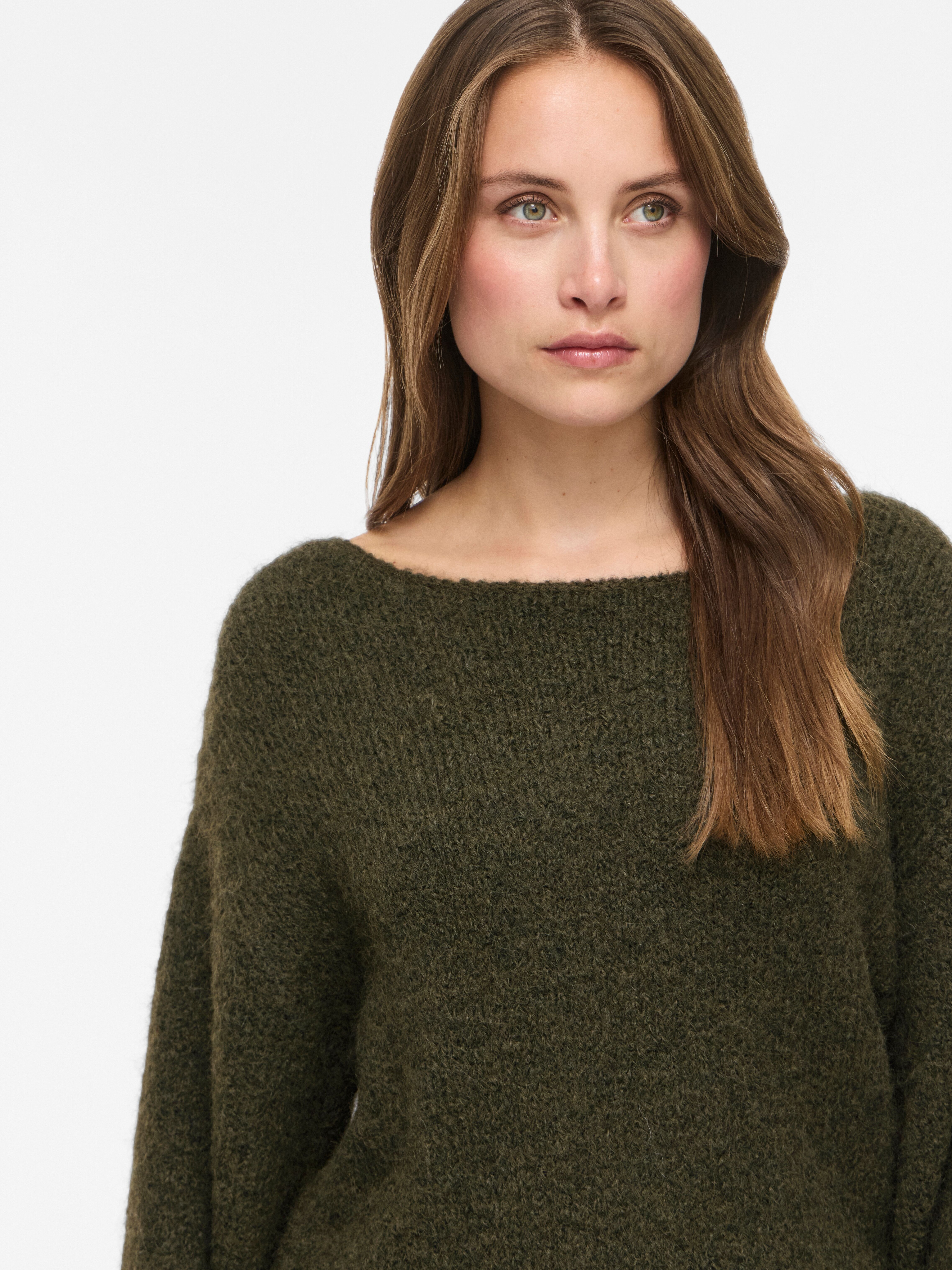 Strickpullover VILA "VIMARLEY L/S KNIT PULLOVER- NOOS", Damen, Gr. L, forest night detail:melange, Strick, Obermaterial: 70% Polyester, 21% Polyamid, 8% Wolle, 1% Elasthan, meliert, regular fit normal, Rundhals, Pullover Strickpullover, Materialmix, regul