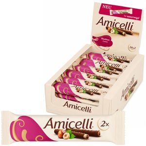 Amicelli Waffeln Waffelröllchen, mit Nusscreme & Schokolade, einzeln verpackt, 300g, 12x2 Stück