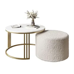 COUCHTISCH mit Hocker LORI Hochglanz gebürstetes Gold/weißer Glanz/Coral 65