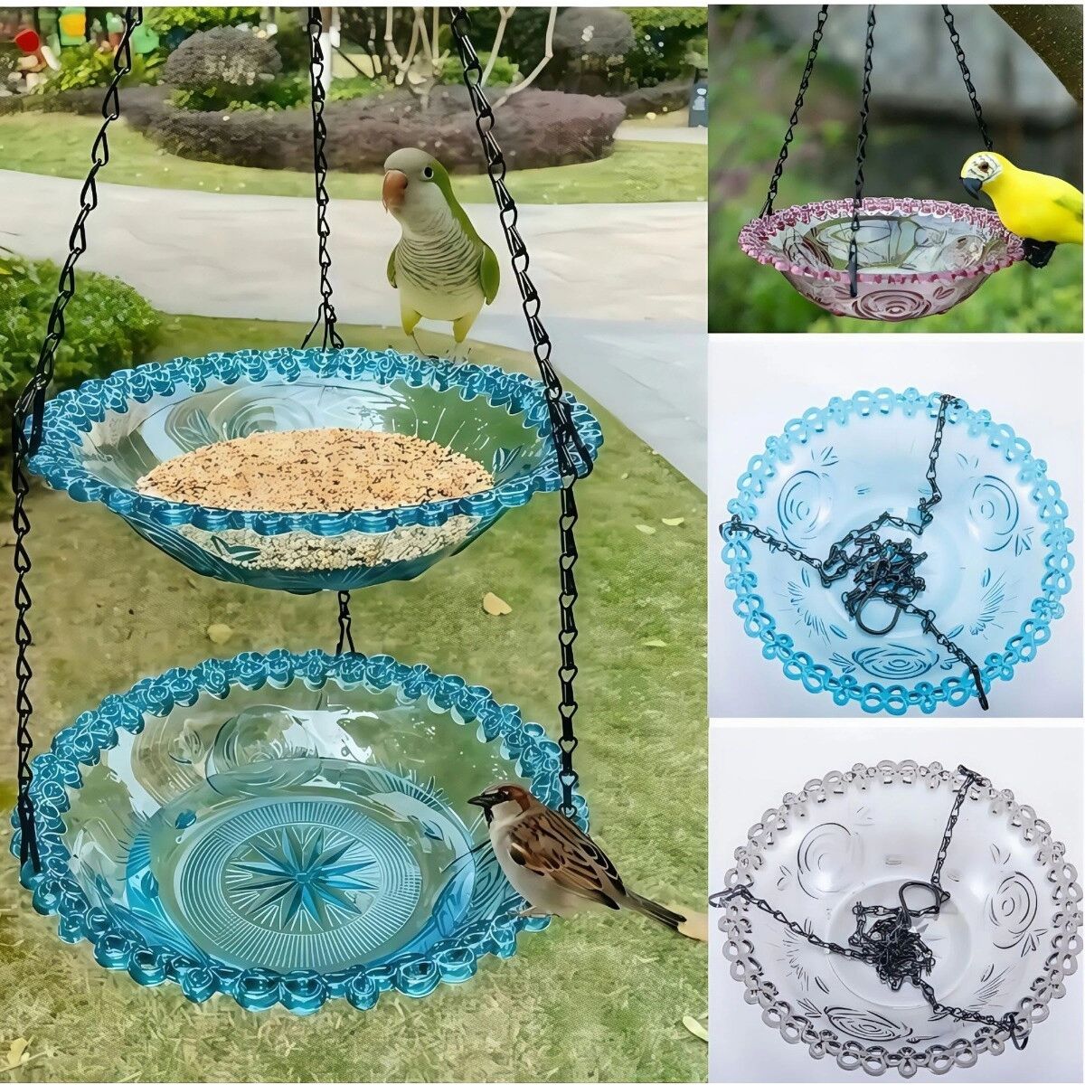 INF Mangeoire suspendue double couche pour colibris et bain pour oiseaux - Bleu, plastique et métal, balcon et jardin