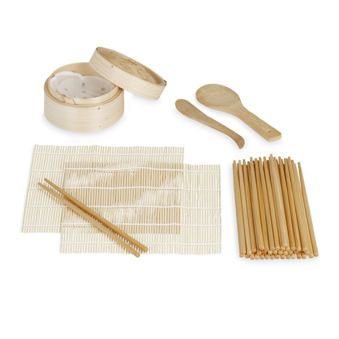 Relaxdays Sushi-set van bamboe met stoomkoker en accessoires, beige/bruin