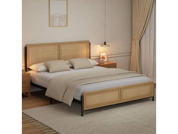 GarveeMore Rattanbett Bettgestell Mit Kopfteil Naturholz 191x135 cm Natürliche Rattan-Optik Robustes Gestell Mit Kopfteil Fürs Schlafzimmer