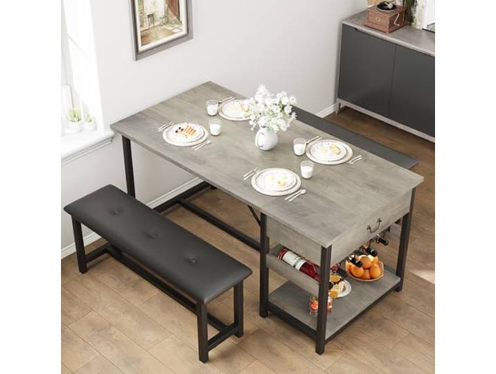 IDEALHOUSE Platzsparende Essgruppe für 4 Personen – 3-teiliges Küchentisch-Set mit 2 gepolsterten PU-Lederbänken – MDF-Esstisch mit Schublade & Weinregal – Farbe: Grau