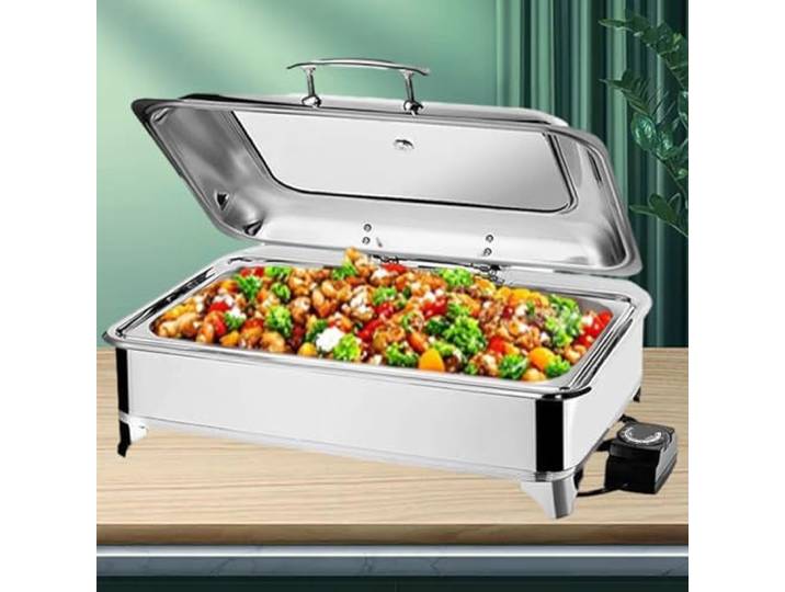 BOVDC 9L Chafing Dish Elektrisch Einstellbarer Temperatur(A,Full Pan) Edelstahl Electric Chafing Dish Glasdeckel, Speisewärmer Buffetwärmer Elektrisch, Wärmebehälter für Essen für Hotels, Buffet