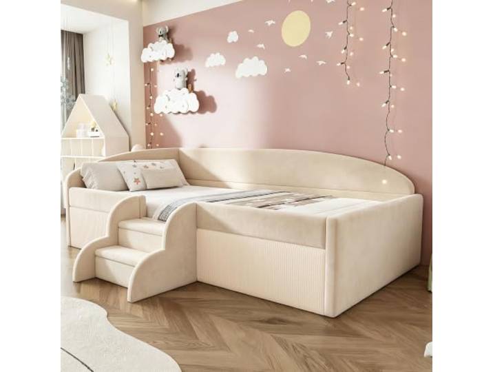 BXEYXE Polsterbett Kinderbett 90 * 190cm,Multifunktionsbett, Mit Stufen und Zäunen,Hautfreundlicher Samtstoff,ohne Matratze Beige