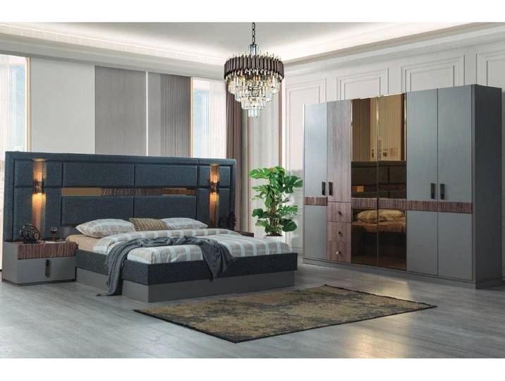 Xlmoebel Komplettschlafzimmer Graues Schlafzimmer Set: Bett, 2 Nachttische, Kleiderschrank, (Komplettschlafzimmer, 4-tlg., Komplettschlafzimmer), Made in Europa