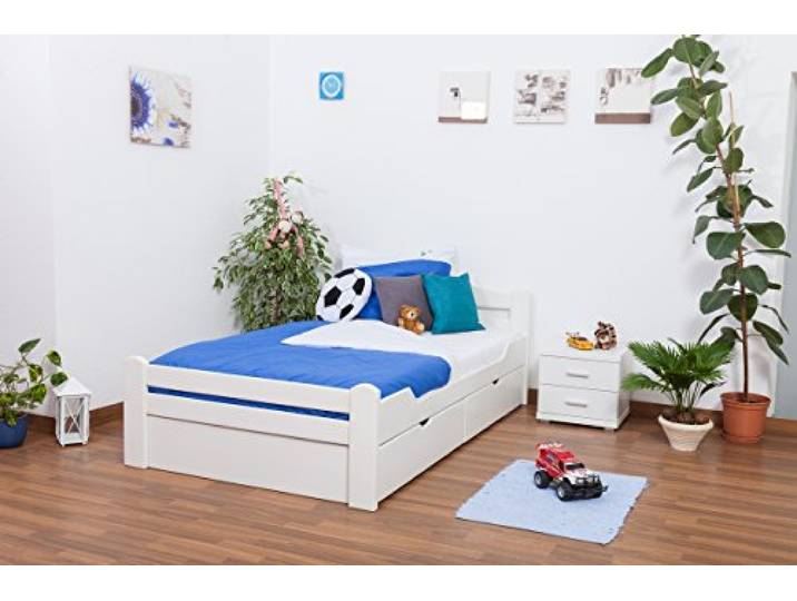 Steiner Shopping Jugendbett Easy Premium Line K4 I weiß 120x200 aus massivem Buchenholz I Bett mit Schubladen & Stauraum I Massivholzbett für Jugendzimmer I Komfort-Einzelbett & Gästebett