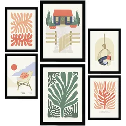 POSTER Set Mit 6 Minimalistischen In Leuchtenden Farben Strandhaus Drucke Von Landschaften Und Natur Für Innenarchitektur A3 & A4 Schwarzer Rahmen