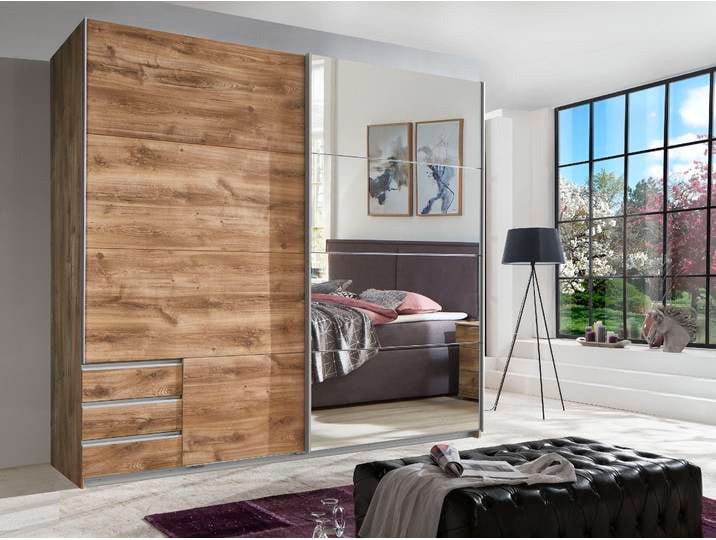 Schwebetürenschrank WIMEX Seattle , braun (plankeneiche, nachbildung, spiegel), B:225cm H:208cm T:64cm, Schränke, Schwebetürenschrank, mit Schubladen und Spiegel