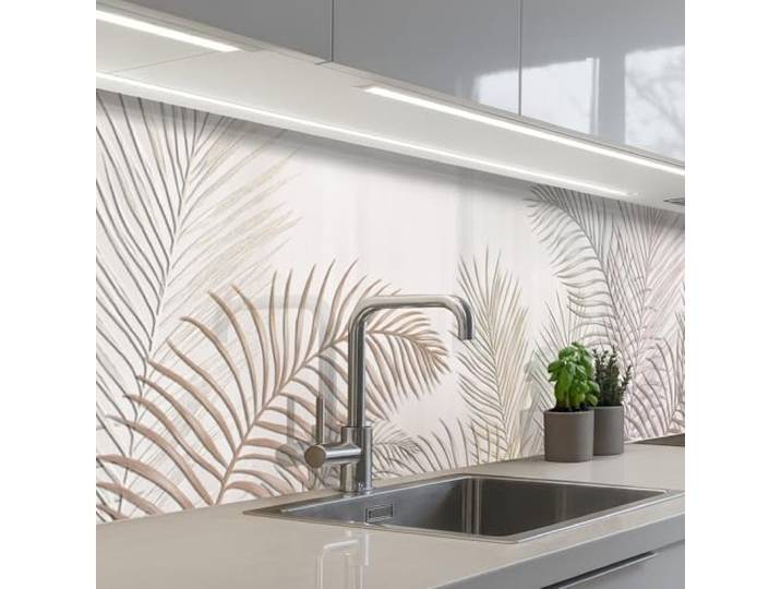 KitchenYeah© Rückwand Küche Rückwandschutz Selbstklebend Spritzschutz 60x300 cm - Küchenrückwand Küchenfront Küchen Selbstklebende Küchenrückwände Blätter - Beige - Botanisch - Vintage