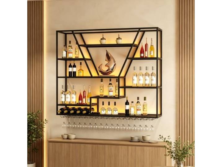 Schwarz Metall Wand‑Weinregal Industrial Design, 120 cm, mit Gläserhalter Mehrschichtiges Design, hohe Tragfähigkeit, Wandbar Regal für Flaschen und Weingläser, für Bar, Küche, Wohnzimmer