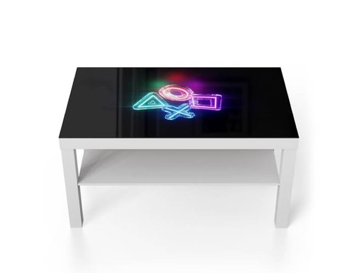 DEQORI Glastisch weiß groß 90x50 cm Motiv Neon Gaming Symbole ausgefallener Beistelltisch aus Glas Hochglanz Couchtisch fürs Wohnzimmer moderner Couch Tisch mit Design