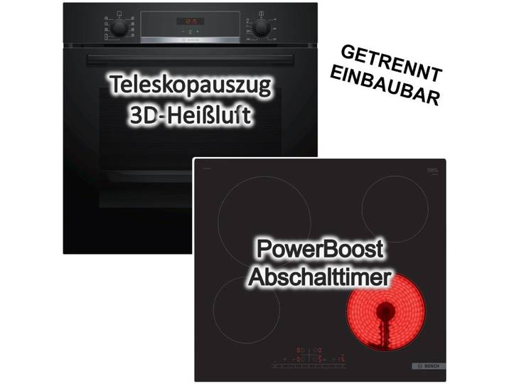 BOSCH Backofen-Set Glaskeramik Kochfeld 71 L Hydrolyse Teleskopauszug PowerBoost, mit 1-fach Teilauszug, Hydrolyse EcoClean Direct