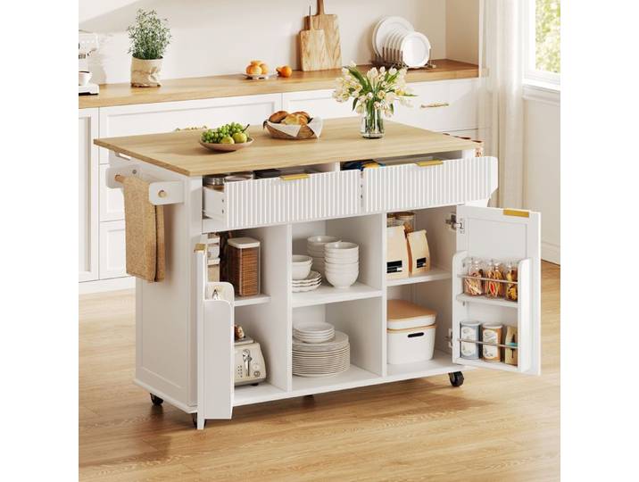 Zitty Îlot de Cuisine sur Roulettes avec Plan de Travail Rabattable Desserte 143x69x89.5cm Rangement MDF Blanc