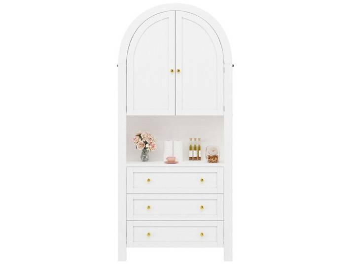 Armoire de rangement haute arche avec tiroirs et portes Porte de rangement haute arche autoportante pour cuisine et salon Blanc