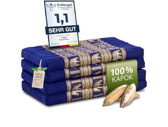 livasia Nachhaltige Klappmatratze aus Kapok - 200x80x8cm - Gästematratze mit Thaiseide, Matratze faltbar für Van, ökologische Yogamatte, Gästebett klappbar, Liege Garten Balkon (Blau/Elefanten Seide)