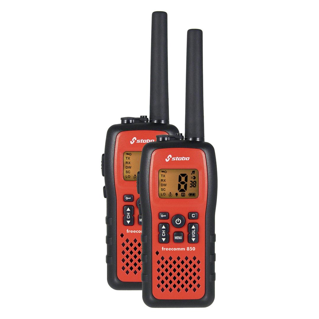 Stabo Elektronik 20850 Freecomm 850 Set PMR Funkgerät IPX7 Wasserdicht, Li-Ion-Akkus Ladestation (10 km) (20851)