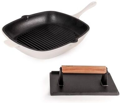 "BergHOFF Neo 2pc Cast Iron 11"" Grill Pan with Steak Press, Meringue"