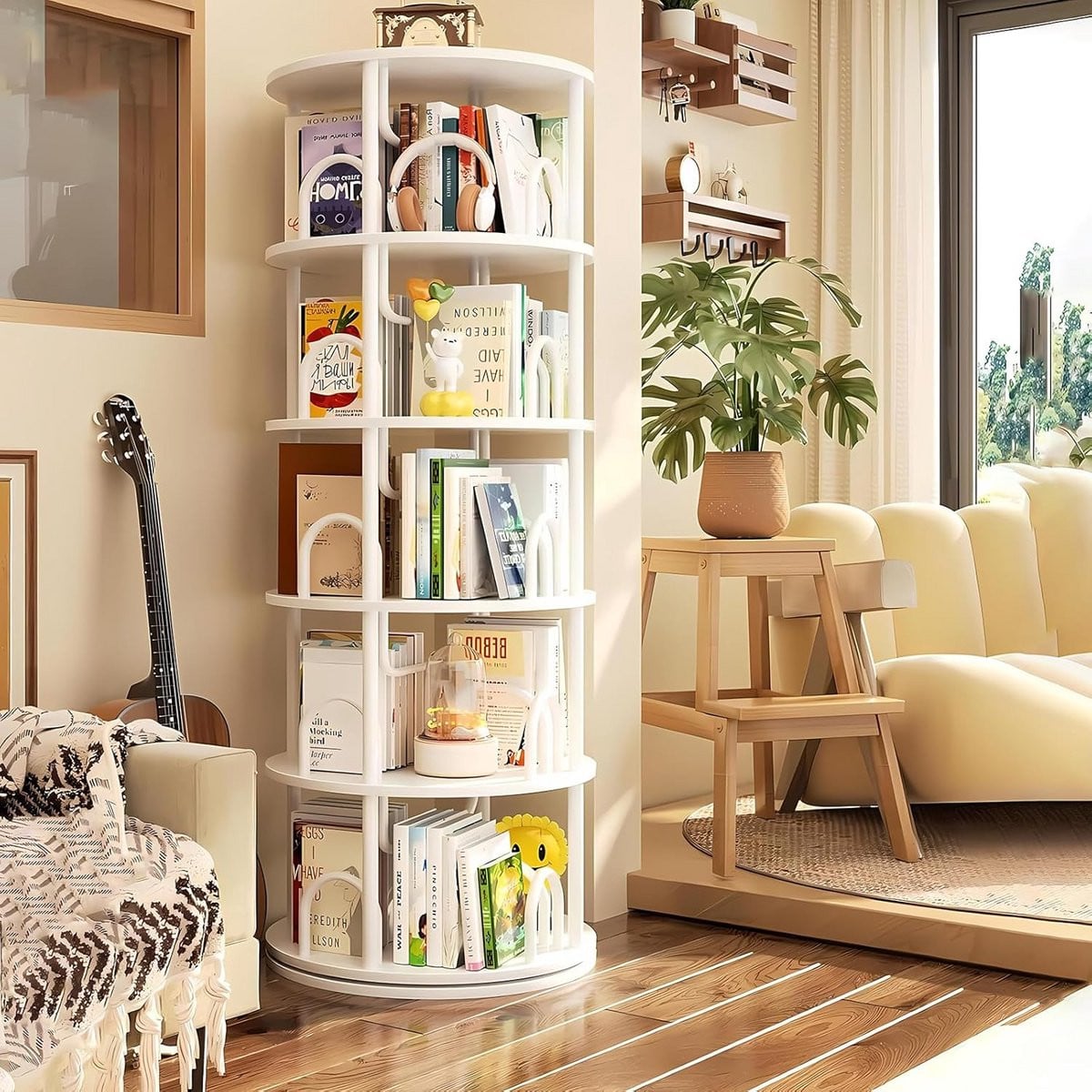 Draaibare Boekenplank Wit - 5 Lagen Opbergkast met 360 Graden Rotatie