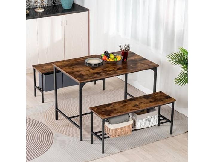 FurnitureR 3-teiliger Esstisch Set mit 2 Aufbewahrungsbänken, Vintage Holzplatte, schwarzer Metallrahmen, 110 cm Küchentisch, 2 Aufbewahrungsbänke von 100cm je, rustikal braun und schwarz