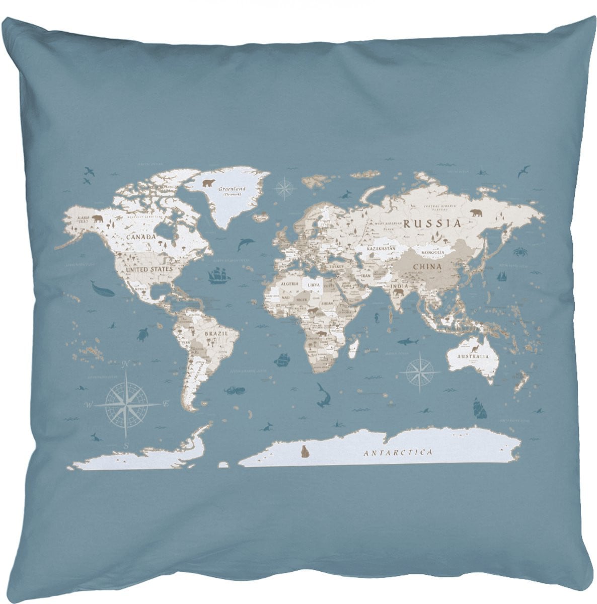Sierkussen Wereldkaart Oceaan Blauw - 60 x 60 cm