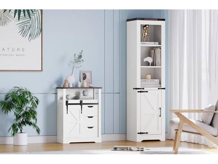 JustSmart Badezimmerschrank Landhausstil mit Schiebetür & 3 Schubladen, Freistehend Verstellbarer Einlegeboden, Für Flur & Wohnzimmer, Weiß Leinenoptik