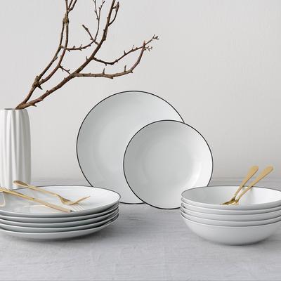 Tafelservice OTTO HOME "Teller Set, Mellinn", schwarz-weiß (weiß, schwarz), 12 Stk., Porzellan, Geschirr-Sets, Tafelservice, Geschirr, trendige Coupeform, handgemalte, schwarzes Liniendekor