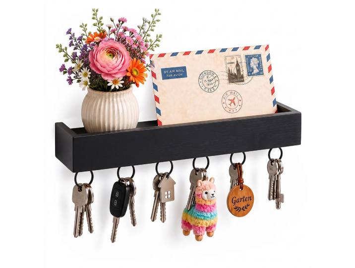 Relaxdays Schlüsselbrett Schwarz Bambus 6 Haken Ablage 26 cm, Holz, Metall, 26x5x7 cm, Garderobe, Schlüsselboard & Schlüsselkasten