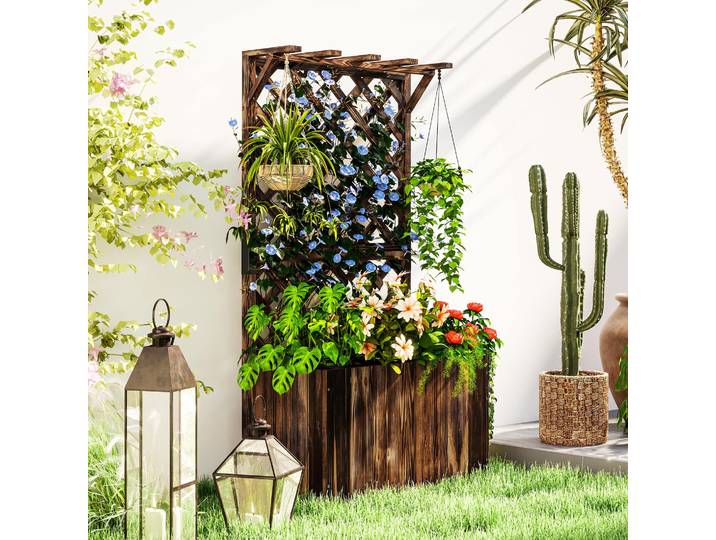 Outsunny Bac Surélevé en Bois avec Treillis 64x33x122cm Carbonisé