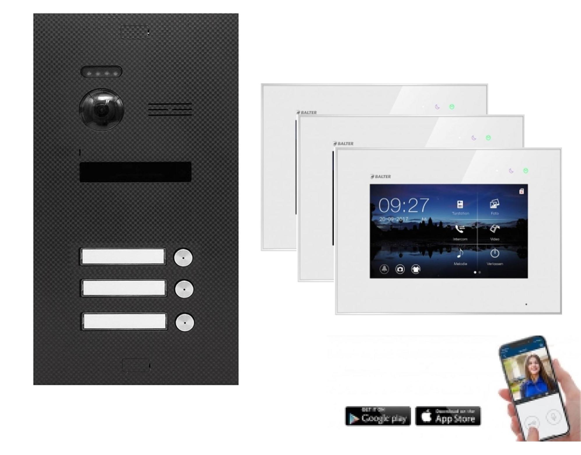 WLAN Videotürsprechanlage BALTER EVO 2-Draht BUS für 3-Familienhaus Weiß-Karbon-Graphit