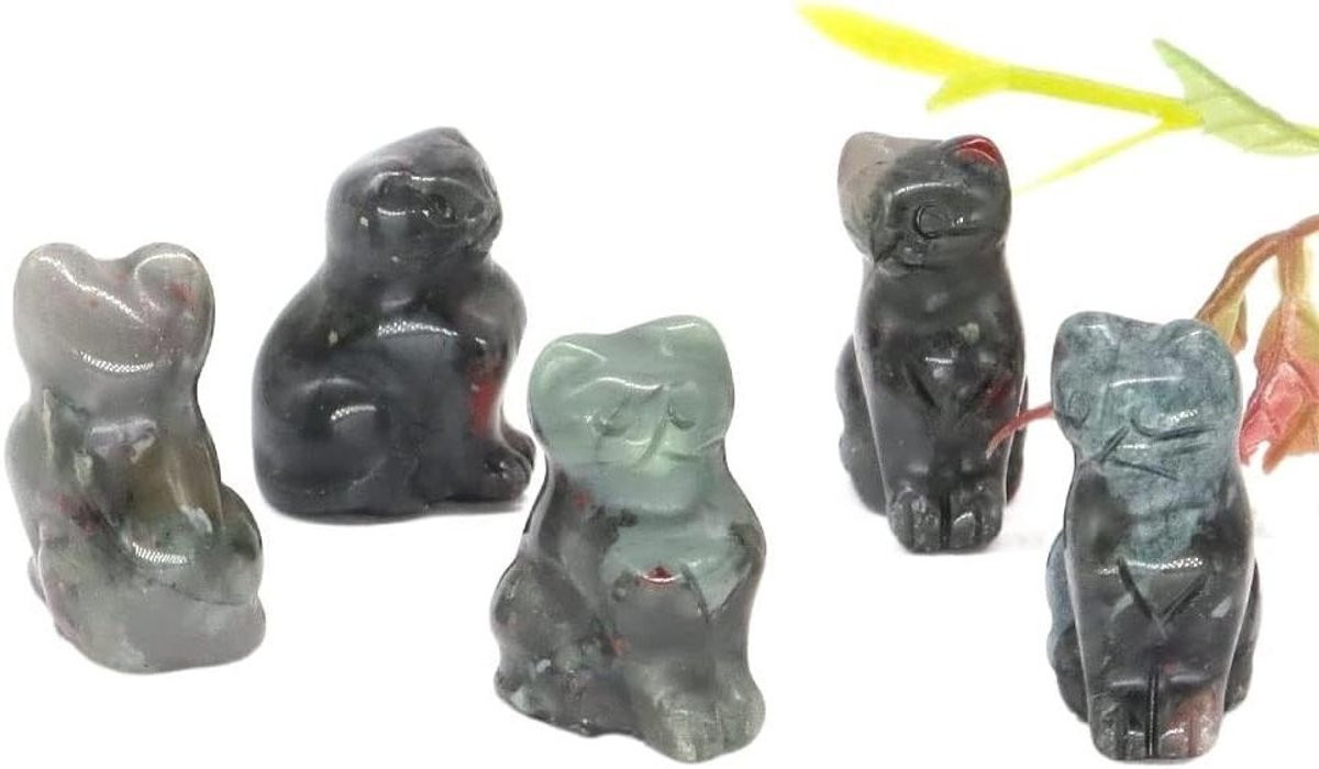 Mini Kat Standbeeld van Bloedsteen - Kristallen Dier Beeldje voor Woondecoratie - 23 mm