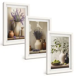 BILDER SET 3er Set - 20x30 cm Weißer Rahmen - Blumen in Vasen, Oliven, Dekorationen