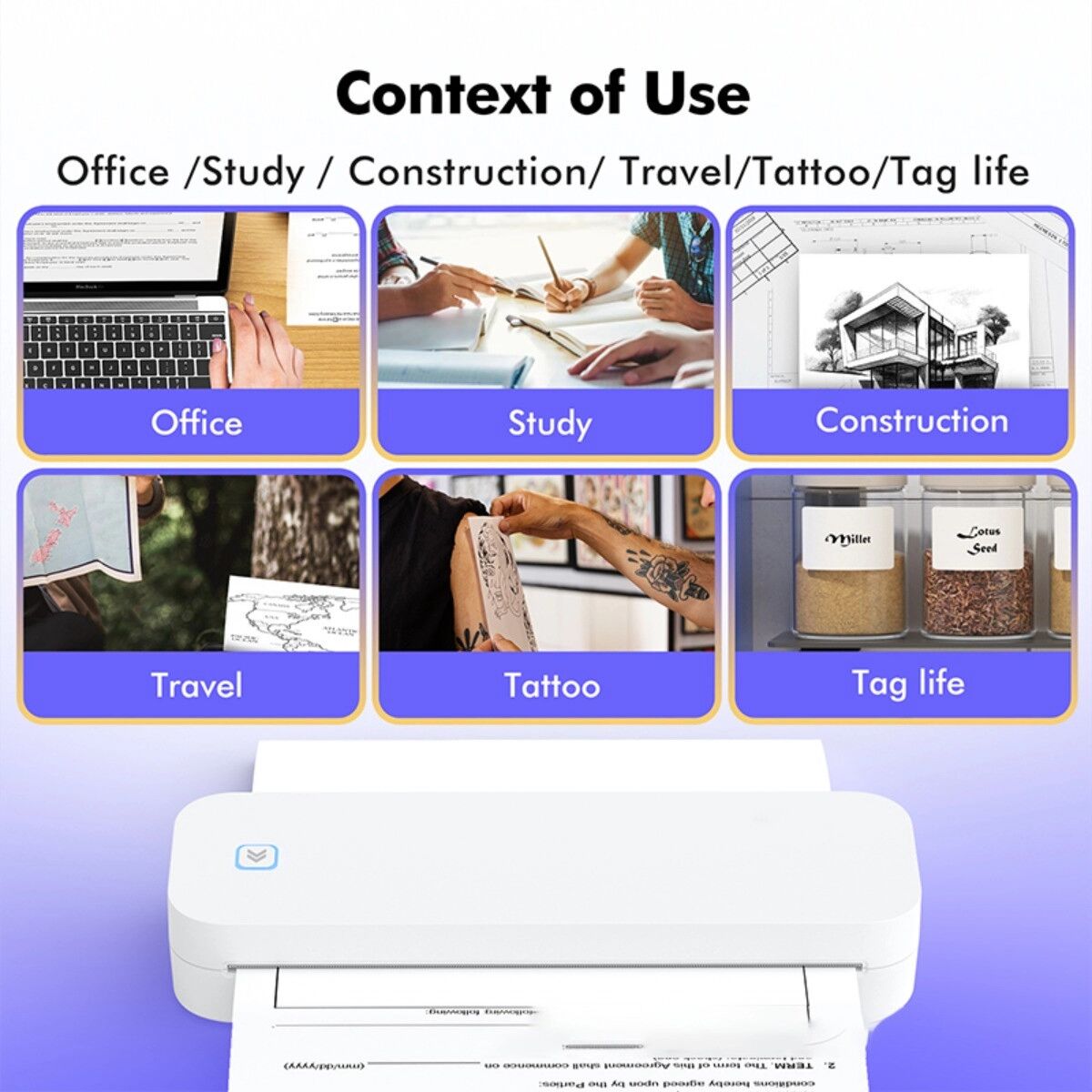 INF Tragbarer A4-Thermodrucker D80 – Tintenlos, Bluetooth & Akku, 203dpi, kompatibel mit iOS, Android, Windows, MacOS Weiß