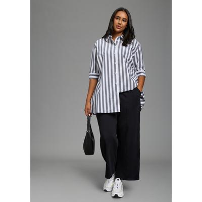 Klassische Bluse LAURA SCOTT CURVE "Große Größen", Damen, Gr. 58, schwarz-weiß (weiß gestreift), Web, Obermaterial: 65% Baumwolle, 30% Polyester, 5% Elasthan, gestreift, figurumspielend Po-bedeckend, Blusen Bluse, femininer Stil, aus Baumwolle,...